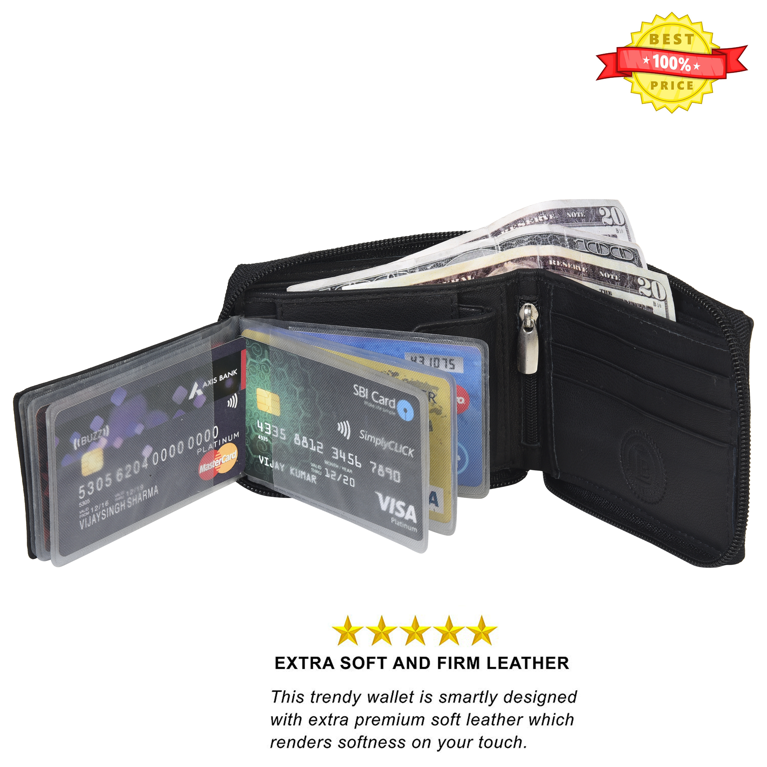 Leatherboss Men's Genuine Leather Zipper Organizer Wallet - Bifold Card Holder With Zip-Around