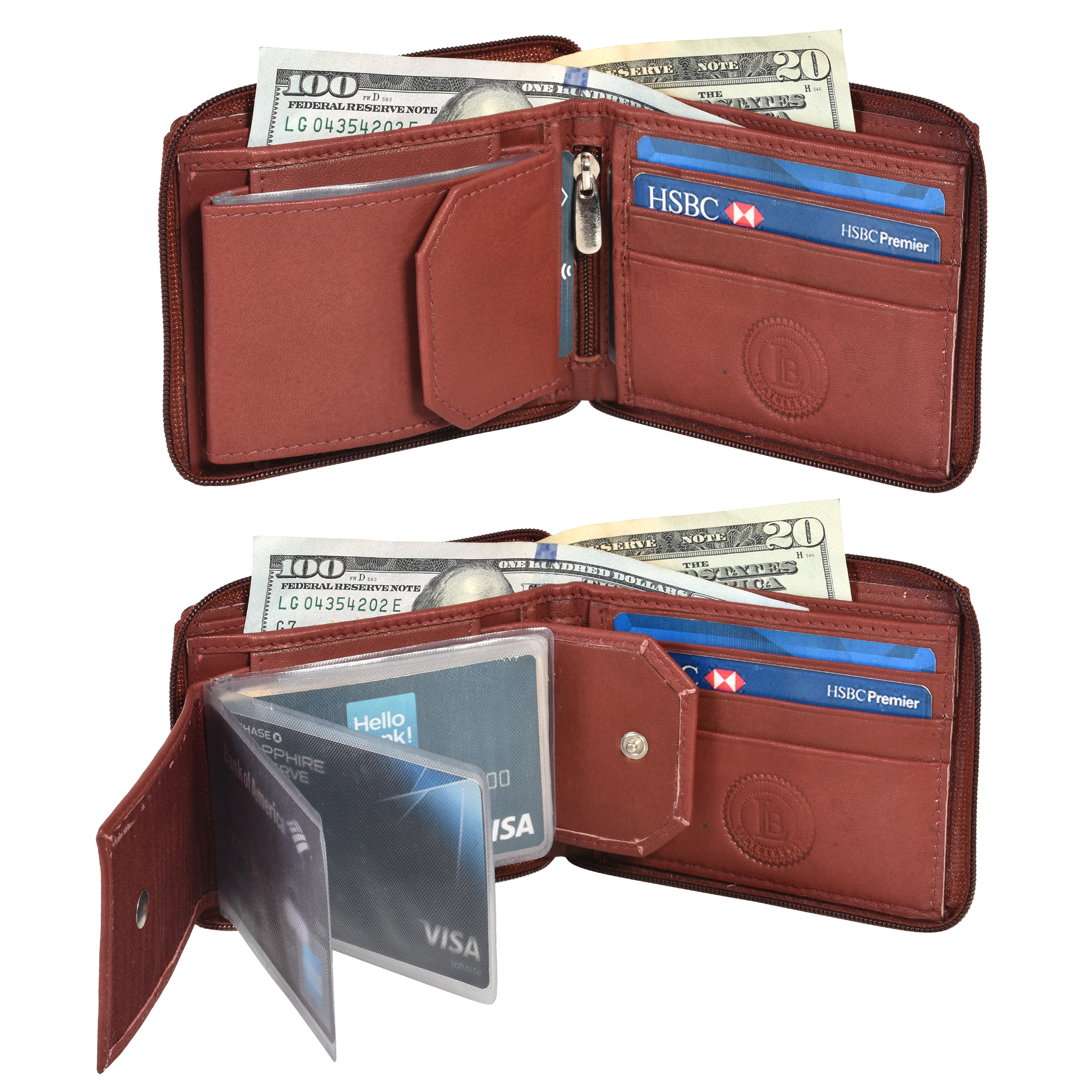 Leatherboss Genuine Leather Men zipper credit card holder bifold wallet