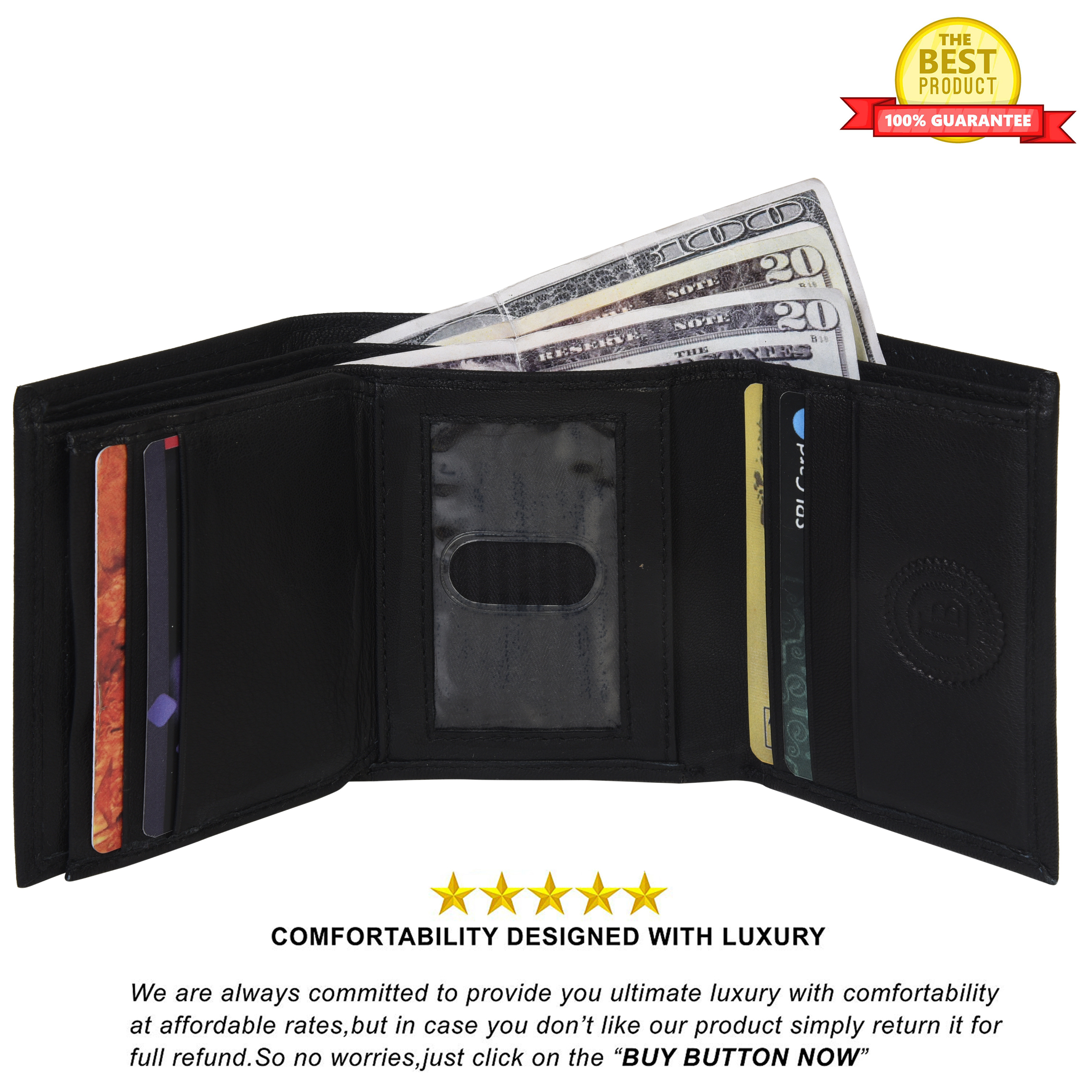 Leatherboss Black Wallet Men's Genuine Leather Trifold Wallet With Detachable Chain &ndash; Biker Style, Black Leather Wallet Men