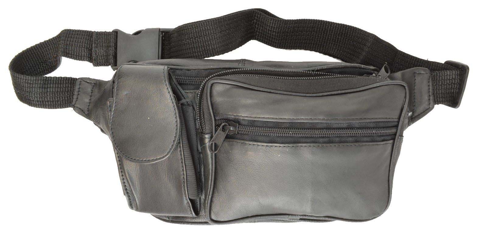 Black Solid Leather Fanny Pack 5 Pocket Travel Waist Belt Bag Cell