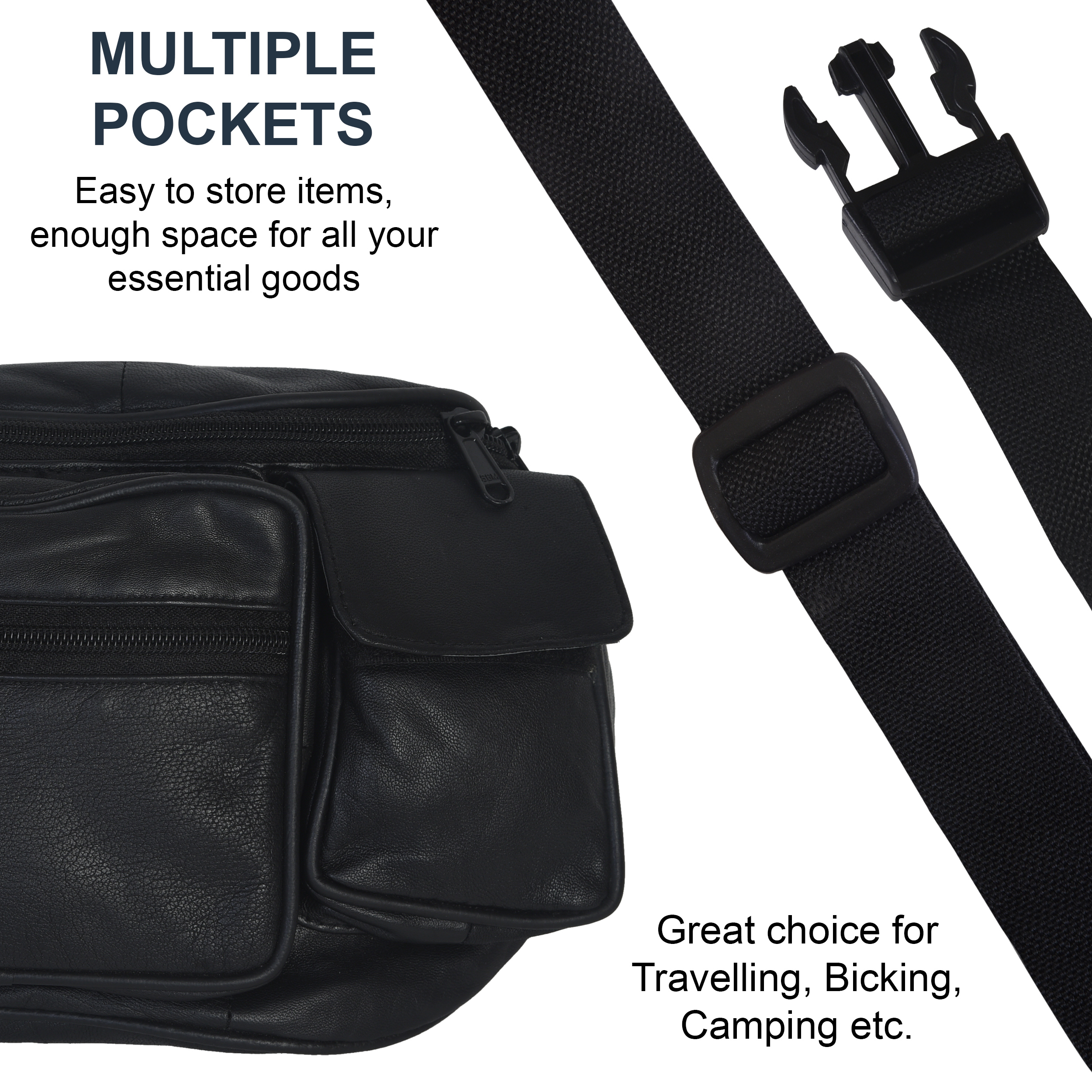 FANNY PACK JUMBO SIDE POCKETS NEW BLACK GENUINE LEATHER eBay